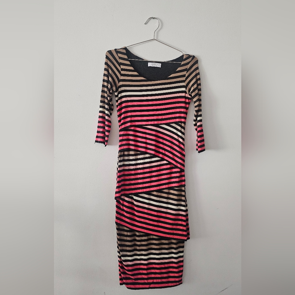Anthropologie Asymmetrical Dress with Pink, Tan and Black Stripes